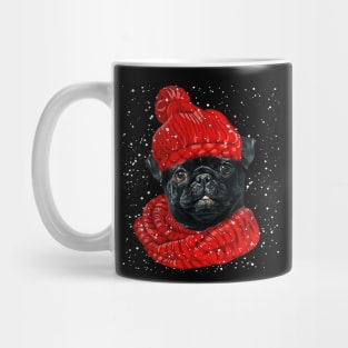 Black Pug Wearing Red Hat And Scarf In Snow Christmas Mug